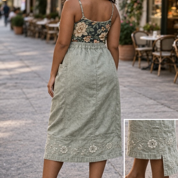 Denim&Co Olive Embroidered Midi Skirt - Picture 2 of 6
